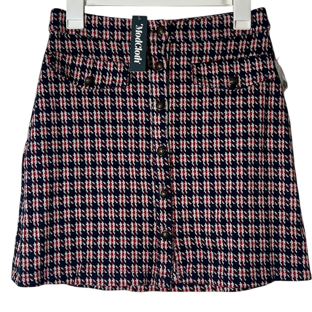 Modcloth Plaid Mini Skirt Houndstooth Button Front Knit